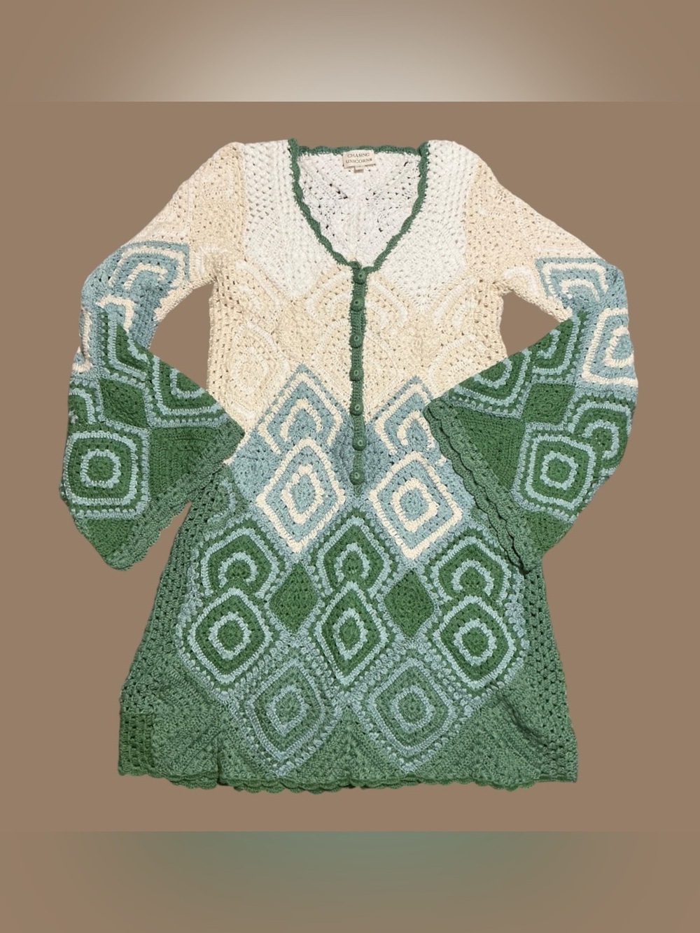 Chasing Unicorns California Crochet Mini Dress S Hand Crochet Cotton Bell Sleeve